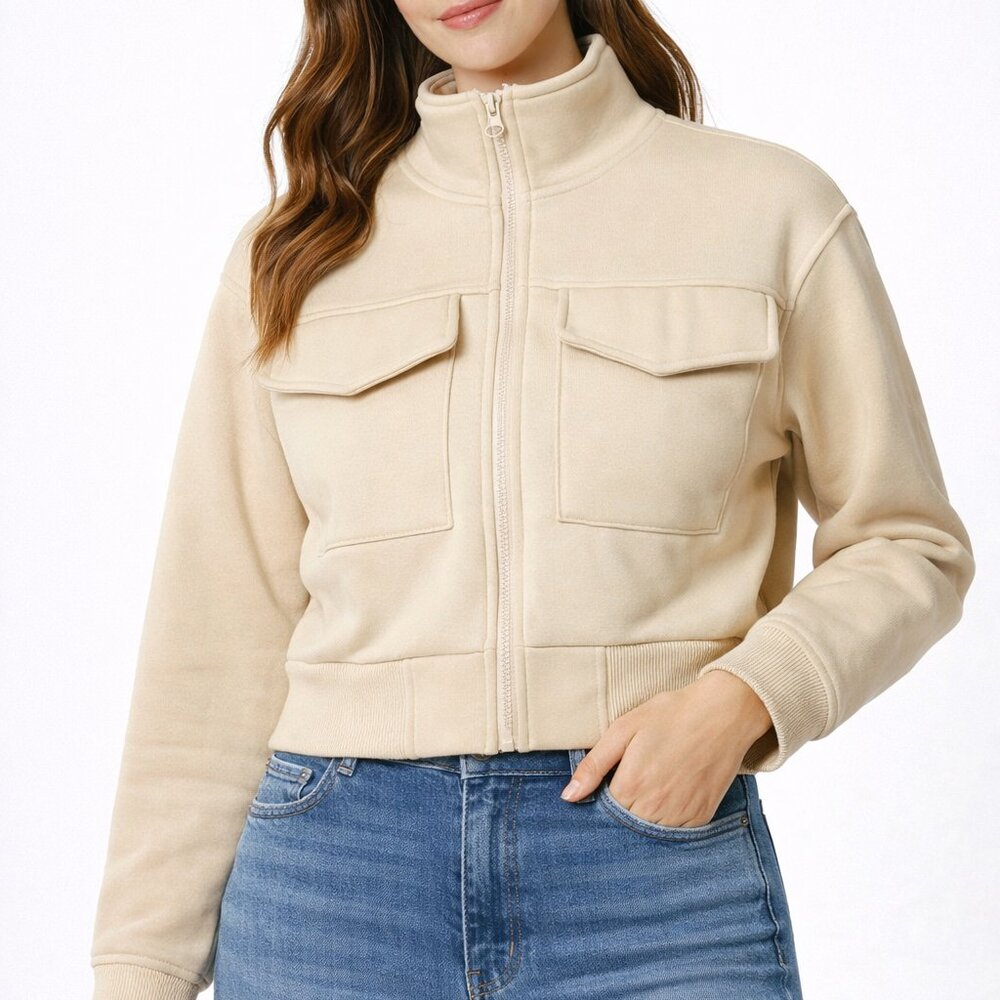 Beige Cropped Zip Up Jacket Soft Knit Utility Style‎ Size Small